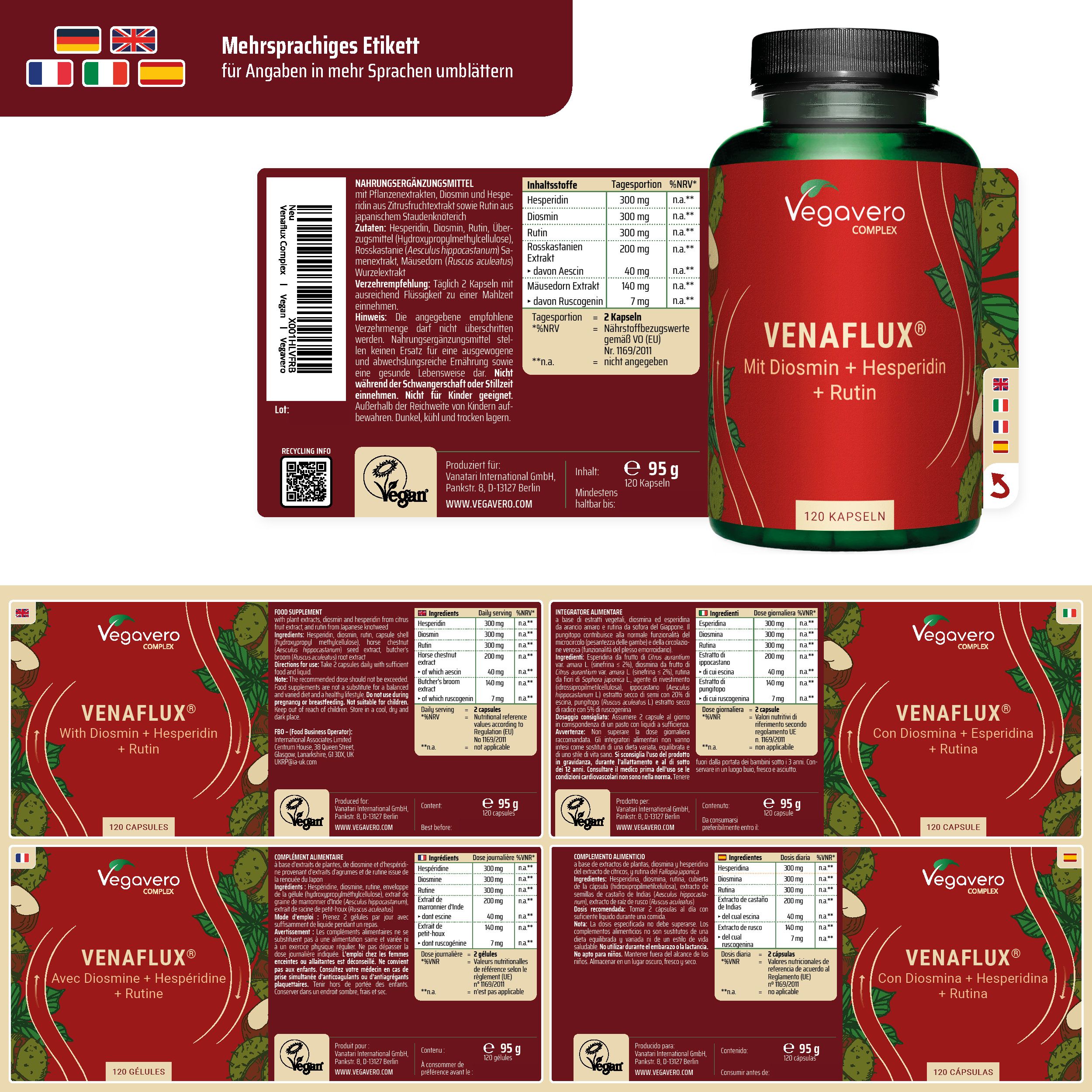 Produktflasche und Etiketten mit Informationen in verschiedenen Sprachen. Vegan-Siegel.