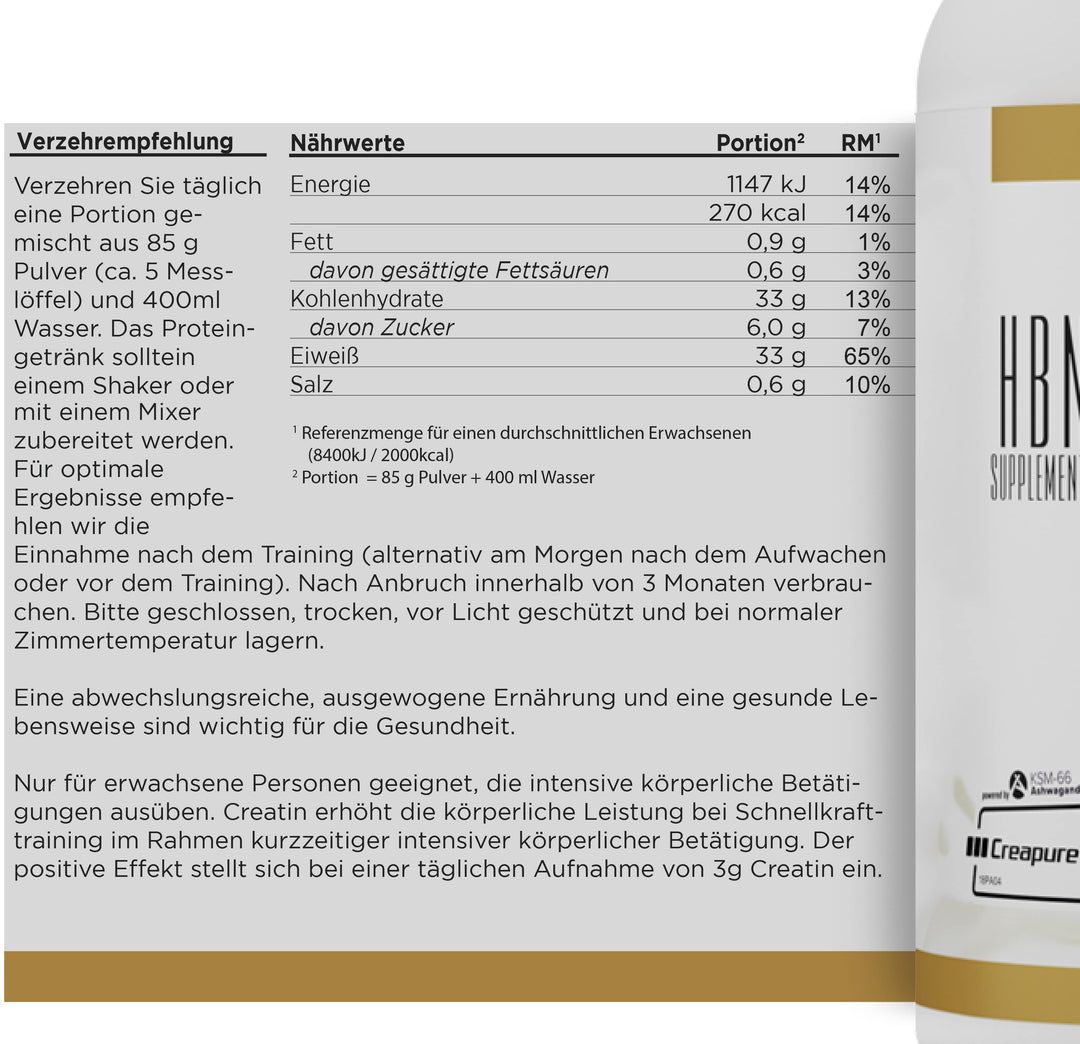 Nährwerttabelle und Verzehrempfehlung für ein Nahrungsergänzungsmittel. Enthält Informationen zu Energie, Fett, Kohlenhydraten, Eiweiß und Salz.