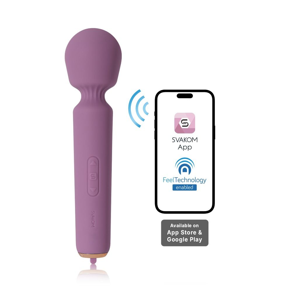 Lila Massagestab neben Smartphone mit App-Symbol. Text: SVAKOM App, FeelTechnology enabled. Verfügbar in App Stores.