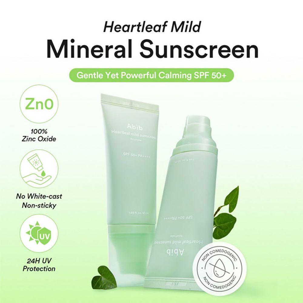 Zwei Abib Sonnenschutzmittel-Tuben: Heartleaf Mild Mineral Sunscreen und eine weitere. Mit ZnO und 24h UV-Schutz.