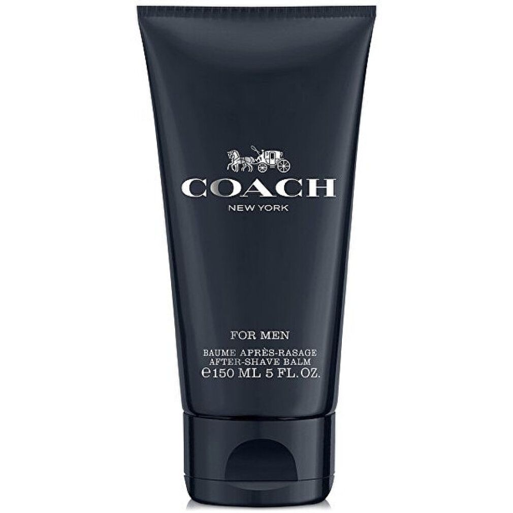 Dunkelblaue Tube mit silbernem Logo und Schriftzug. Enthält Aftershave Balm. Text: FOR MEN, BAUME APRÈS-RASAGE, 150 ml.