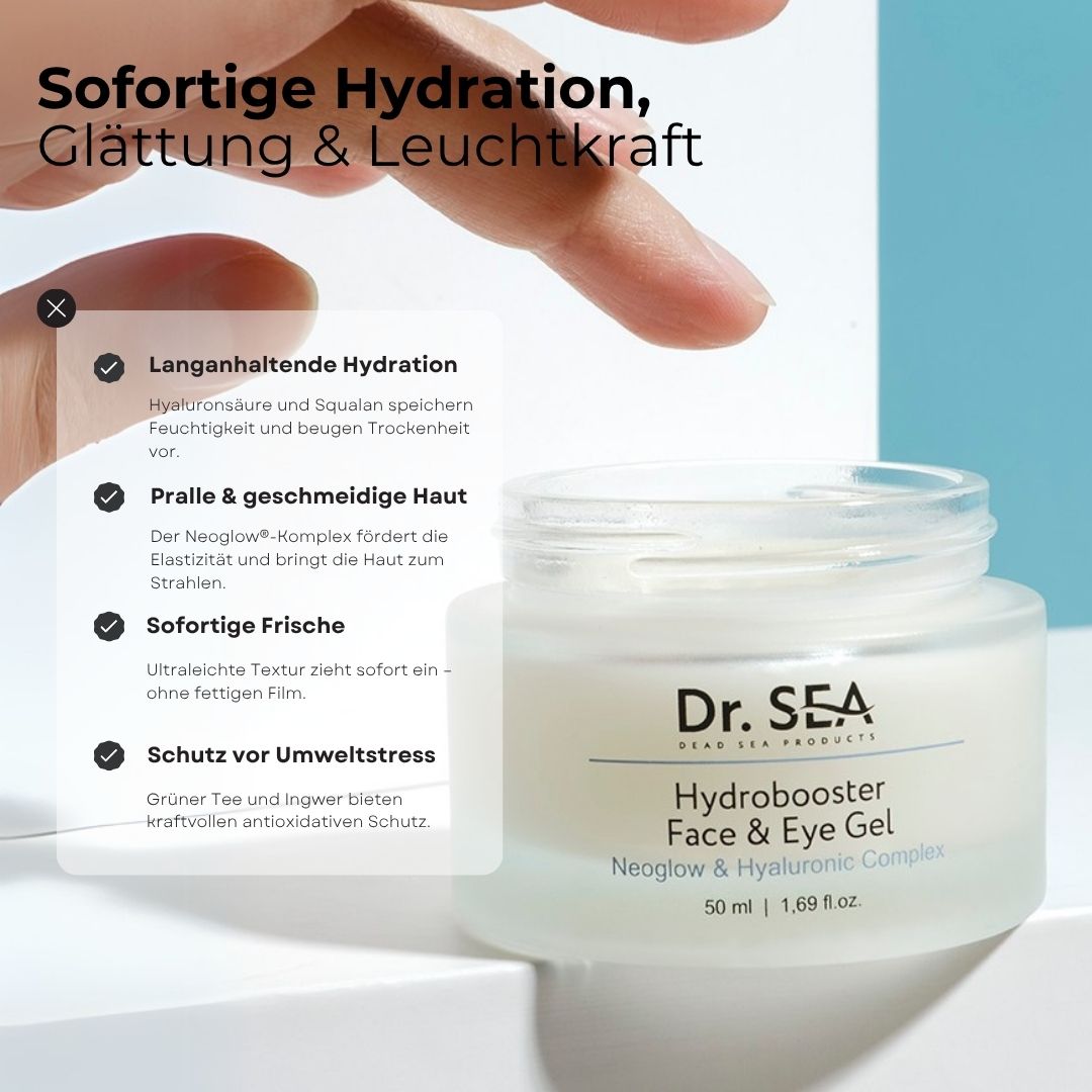 Produkt mit Text und Hand. Aufschrift: Dr. SEA, Hydrobooster Face & Eye Gel, 50 ml. Text über Inhaltsstoffe und Wirkung.