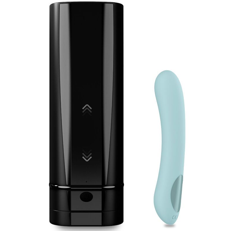 Schwarzer, zylindrischer Masturbator mit Pfeiltasten und ein hellblauer, geschwungener Vibrator.
