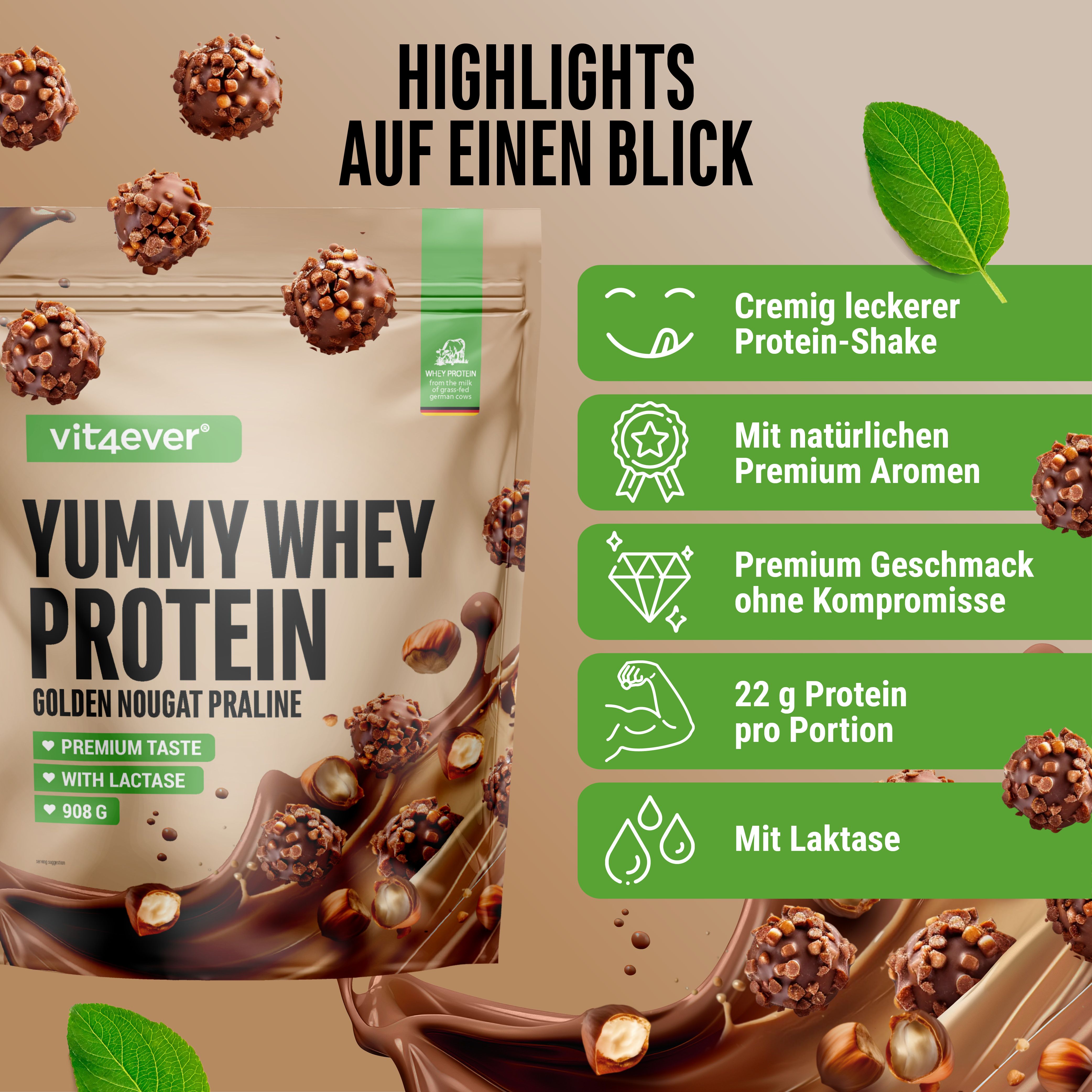 Produktabbildung von "Yummy Whey Protein" von vit4ever. Text: "Golden Nougat Praline". Zusätzliche Informationen in grünen Feldern.