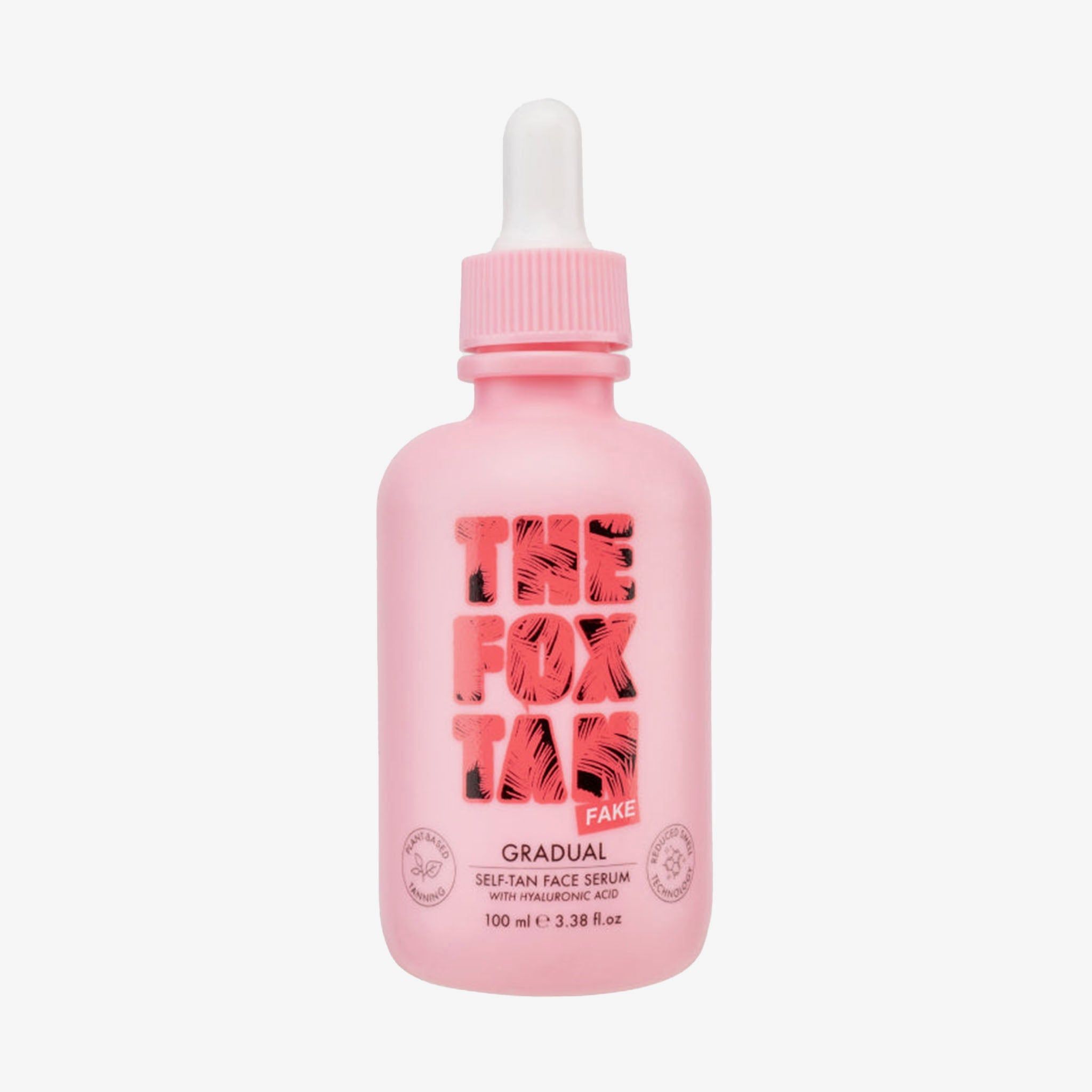 Rosa Flasche mit weißem Tropfer. Aufschrift: THE FOX TAN GRADUAL. Selbstbräuner-Serum.