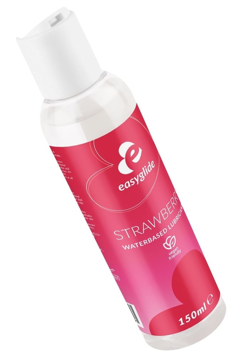 Schräge Ansicht einer Flasche mit weißem Deckel. Etikett mit "easyglide", Erdbeer-Text und Herz-Design. "150ml" sichtbar.