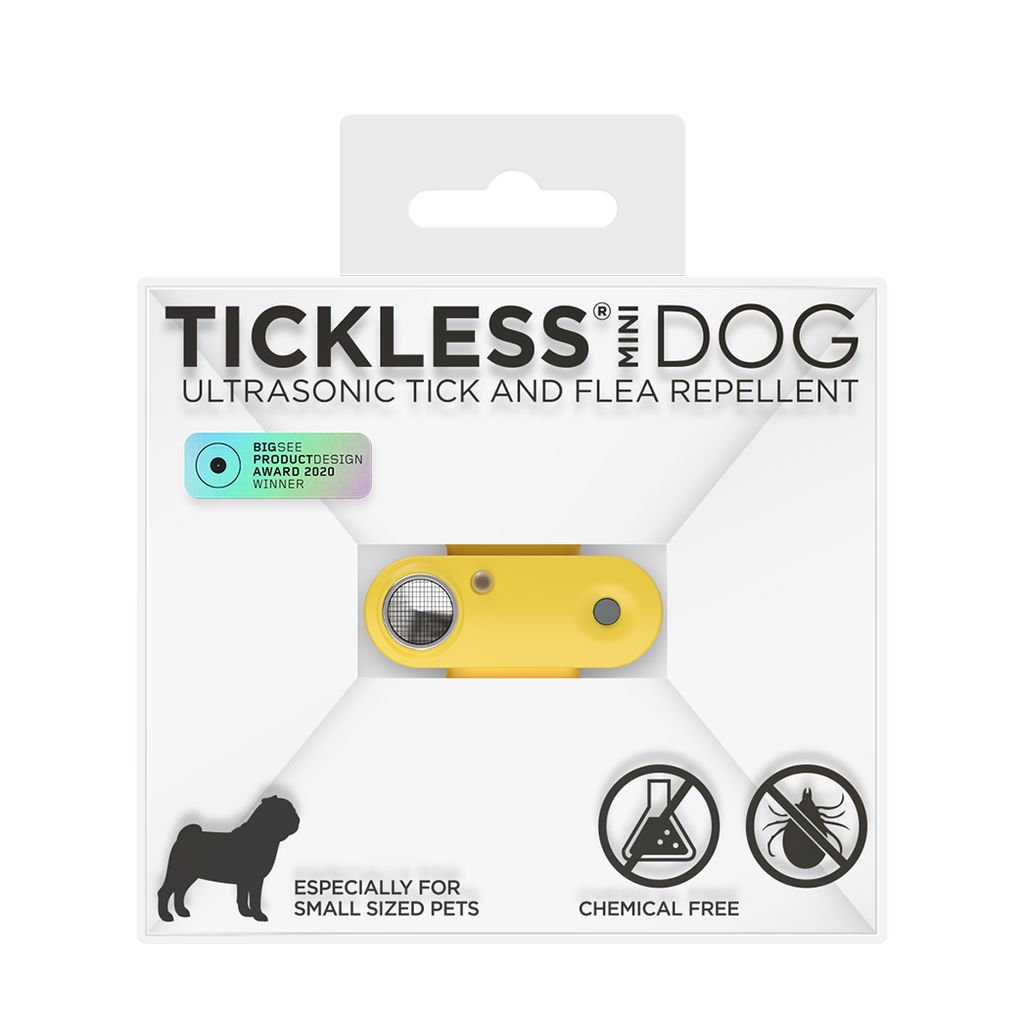 Gelbes Tickless Mini Hund-Gerät in Verpackung. Ultraschall-Zecken- und Flohschutz. Auszeichnung. Für kleine Haustiere.