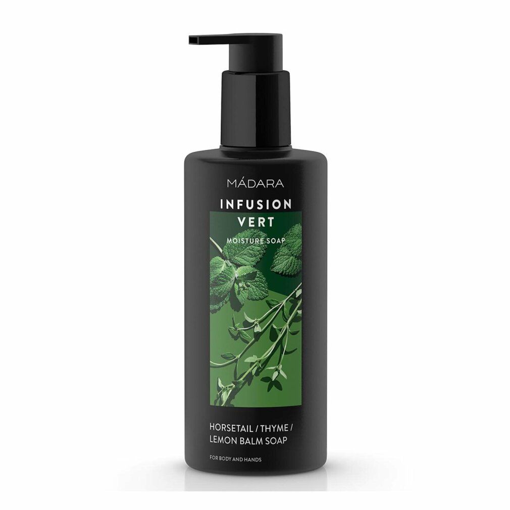 Schwarze Flasche mit Pumpe. Aufschrift: MÁDARA INFUSION VERT. Grün-weiße Grafik. Text: HORSETAIL/THYME/LEMON BALM SOAP.
