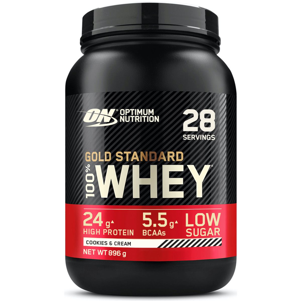 Schwarze Dose mit Gold Standard 100% Whey. Roter Streifen mit Nährwertangaben. Aufschrift: Cookies & Cream, 28 Portionen.
