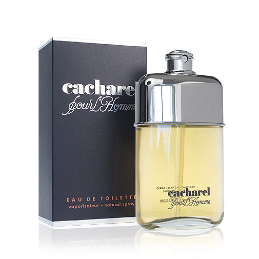 Glasflakon und schwarze Schachtel. Aufschrift: cacharel pour L'Homme. Eau de Toilette, natural spray.