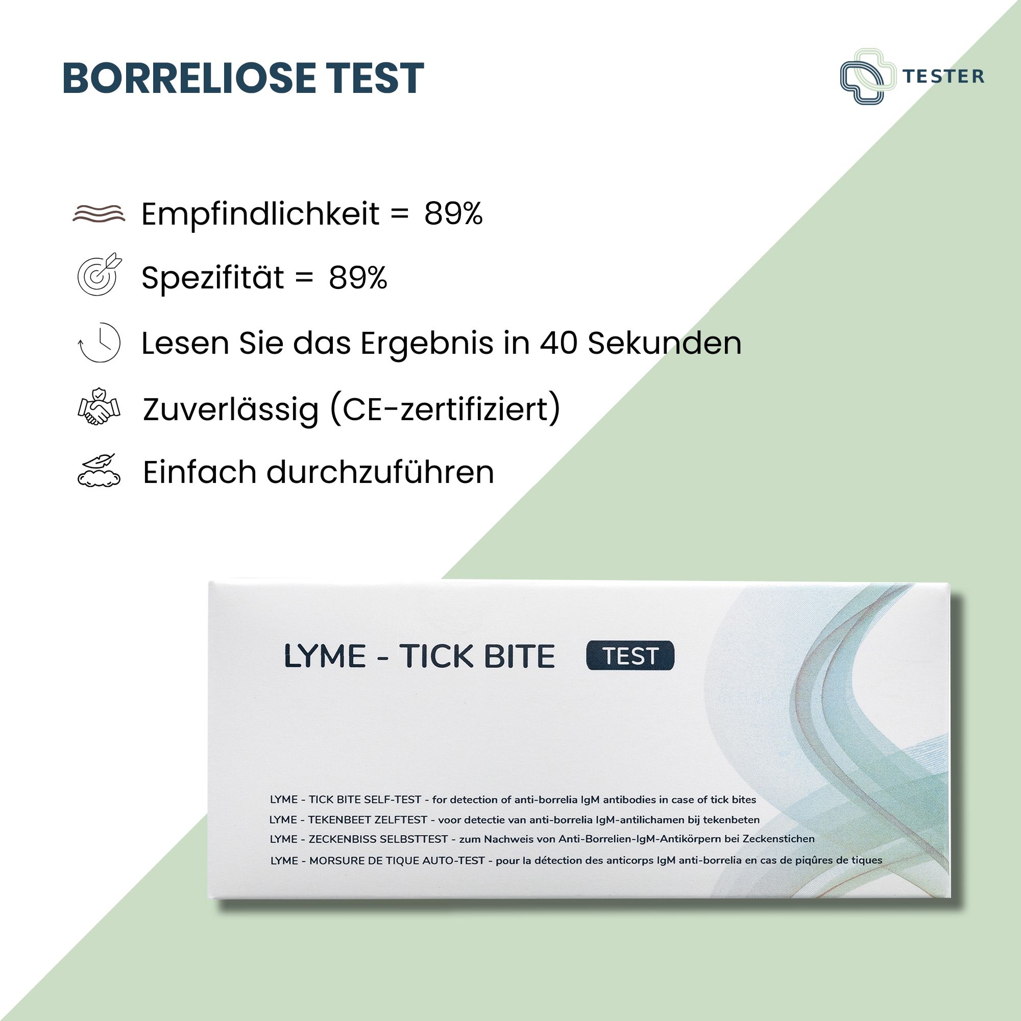 Infografik mit Texten und Symbolen. BORRELIOSE TEST, Sensitivität 89%, Spezifität 89%, Ergebnis in 40 Sekunden, CE-zertifiziert.