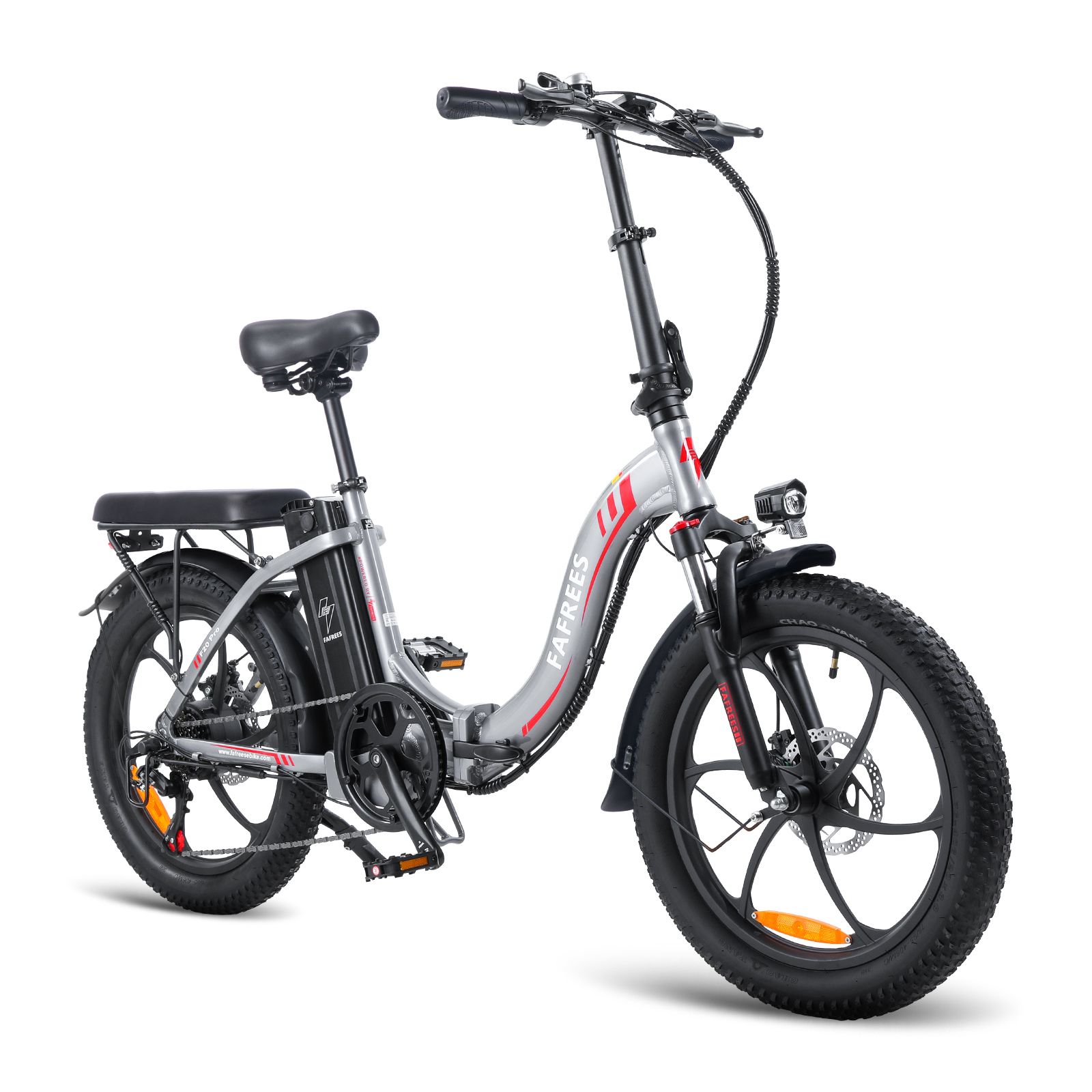 Graues FAFREES F20 Klapp-E-Bike. Schwarze Reifen, Sattel und Gepäckträger. Frontscheinwerfer und rote Akzente.