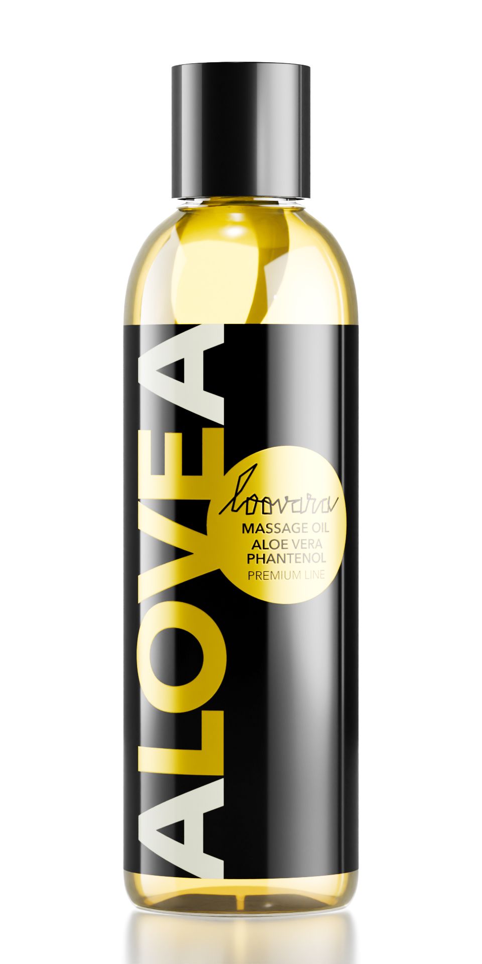 LOOVARA Massageöl ALOVEA Flasche mit schwarzem Etikett und gelbem Text.