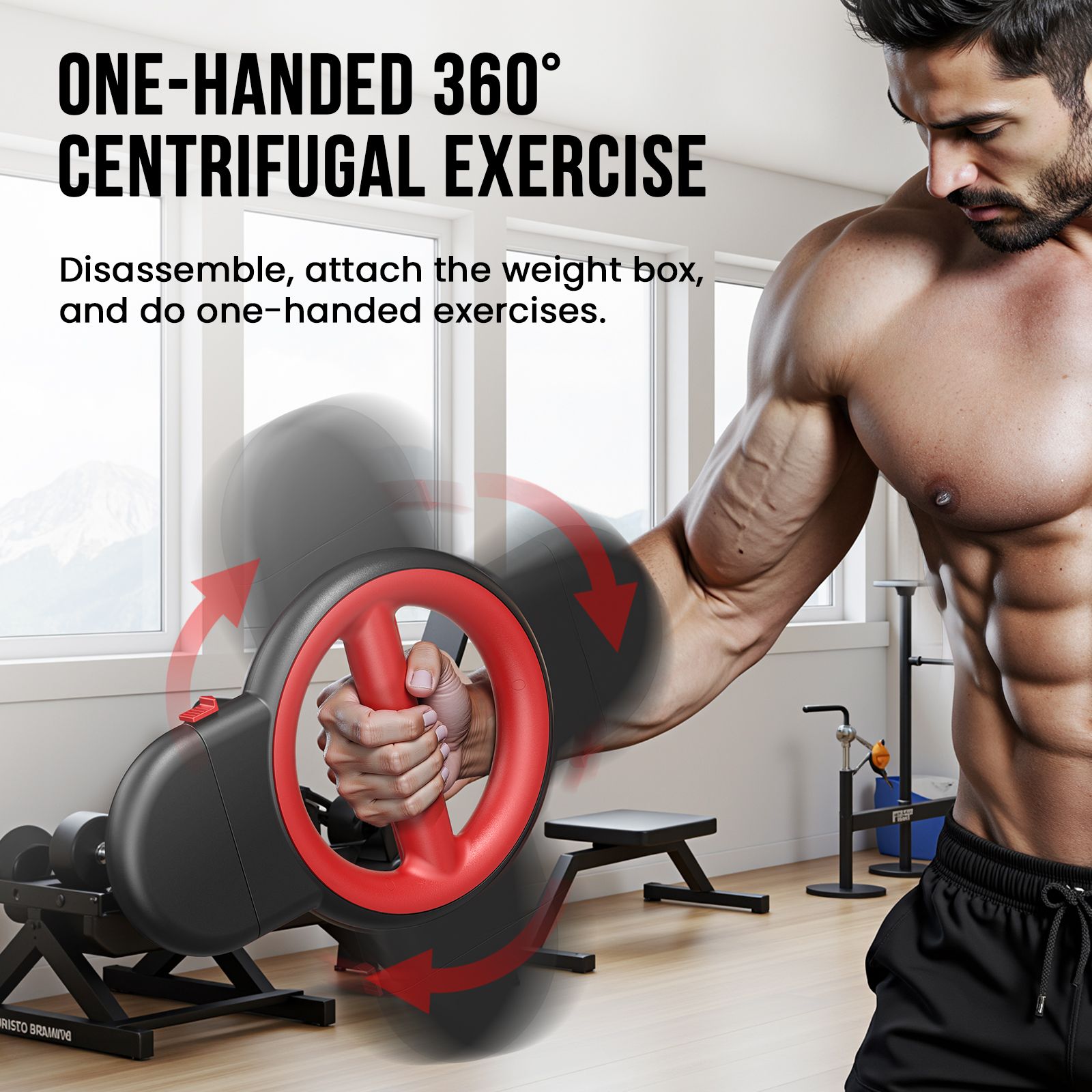 Gerät für Arme und Brust, schwarz-rot. Eine Person trainiert mit dem Gerät. Rote Pfeile zeigen die Bewegung an.