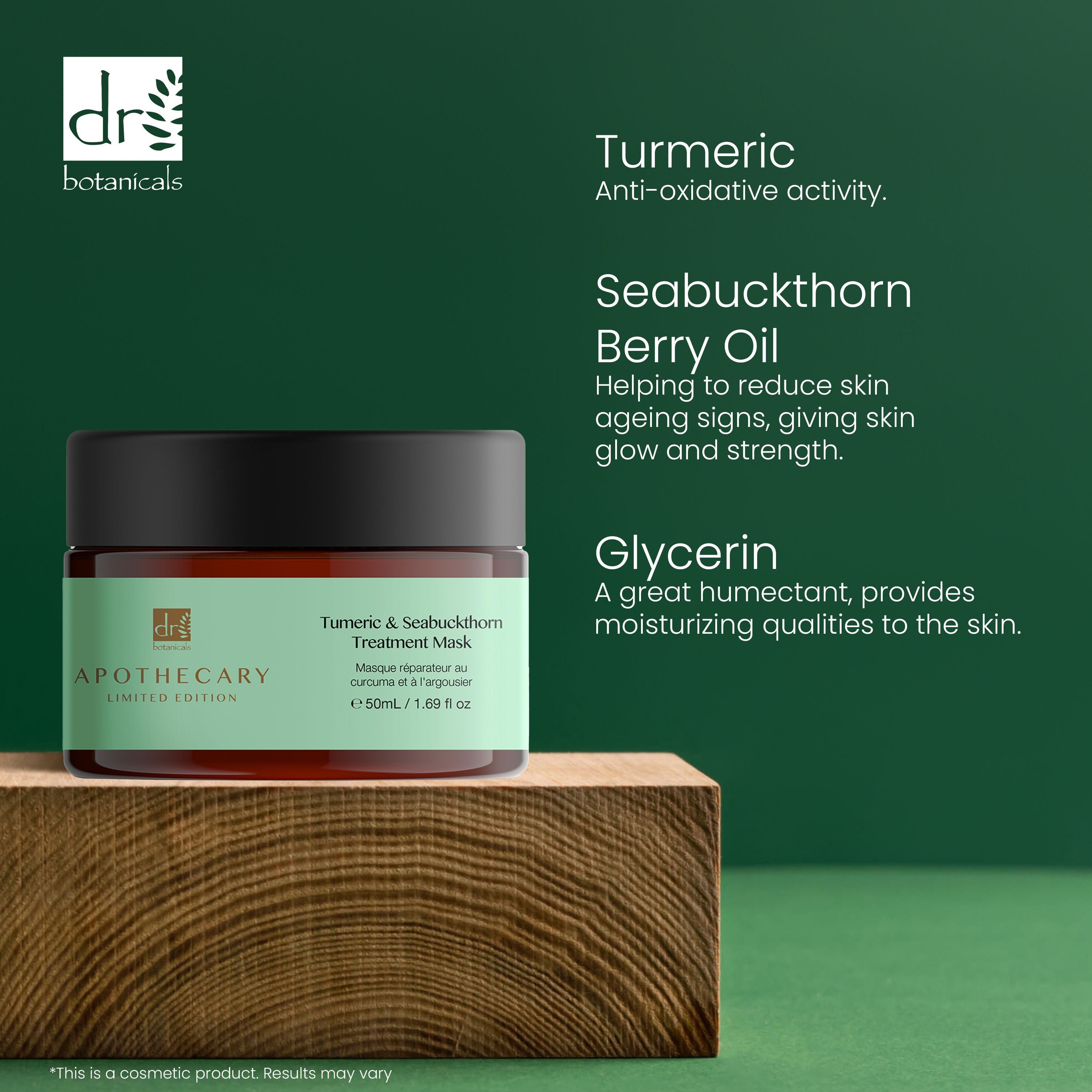 Produkt auf Holzblock. Aufschrift: Tumeric & Seabuckthorn Treatment Mask. Text: Inhaltsstoffe: Turmeric, Seabuckthorn Berry Oil, Glycerin.