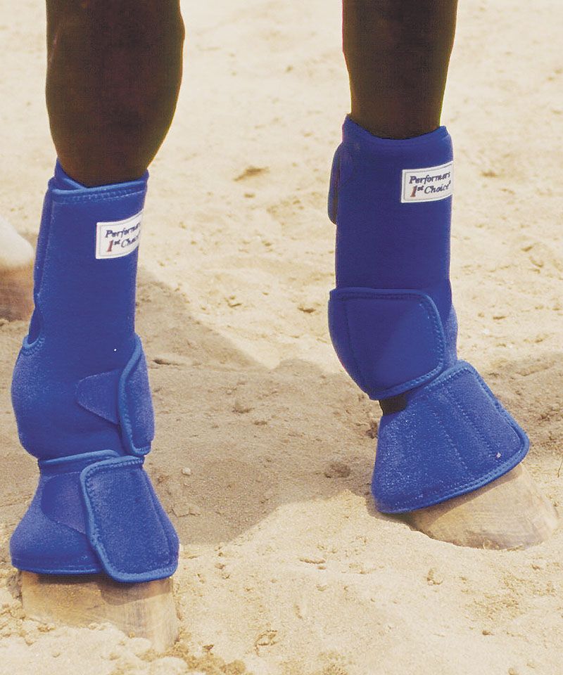 Blaue Pferdebeinschutz mit Klettverschluss. Aufschrift: Performers 1st Choice.