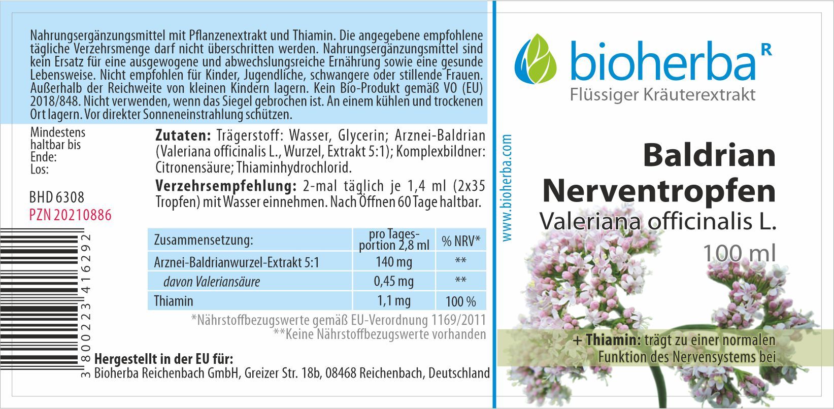 Etikett mit Produktinformationen. Bioherba Baldrian Nerventropfen, Zutaten, Nährwertangaben, Verzehrempfehlung. Text in deutscher Sprache.