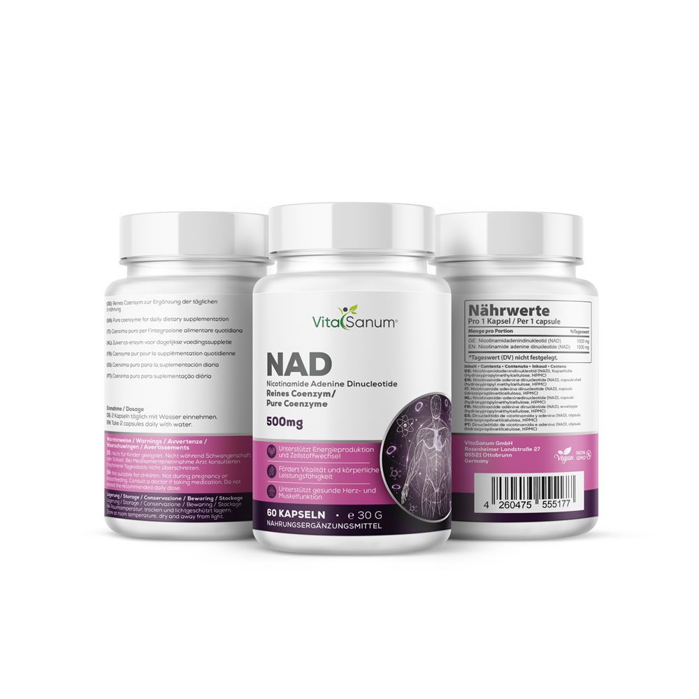 Drei weiße Plastikfläschchen mit weißem Deckel. Aufschrift: VitaSanum, NAD, 500mg. Enthält 60 Kapseln. Rückseite mit Nährwertangaben.