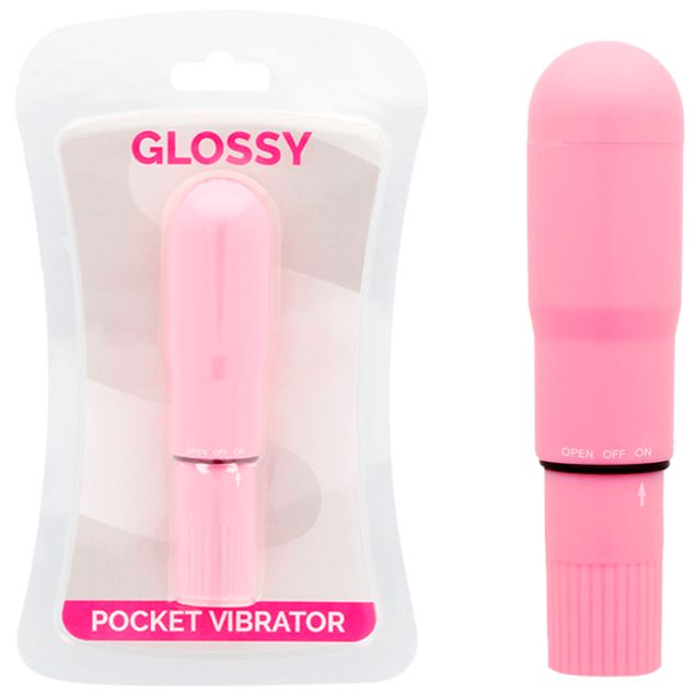 Rosa Vibrator in Blisterverpackung. Aufschrift GLOSSY und POCKET VIBRATOR. Daneben ein Vibrator.