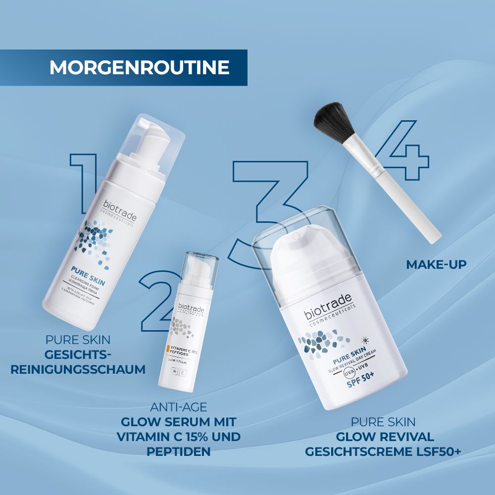 Morgenroutine mit Biotrade-Produkten. Gesichtsreinigungsschaum, Serum, Gesichtscreme SPF50+ und Make-up-Pinsel.