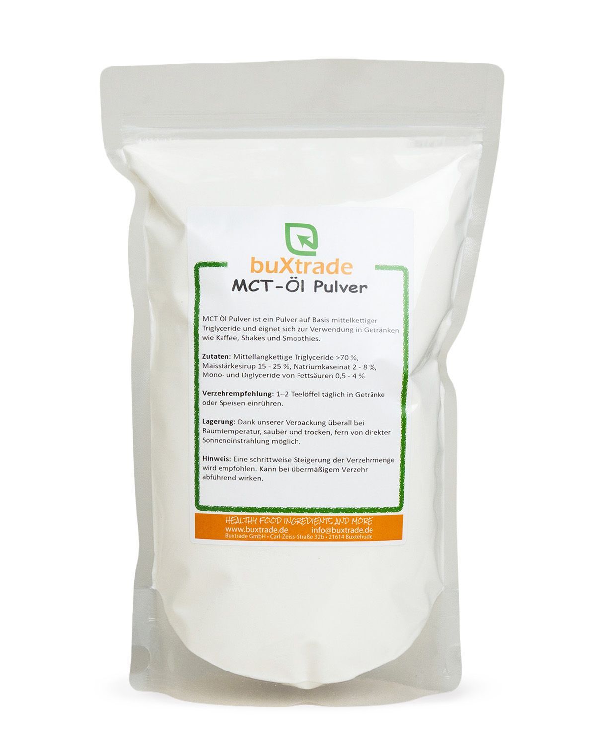 Verpackung von buxtrade MCT-Öl Pulver mit Nährwertangaben.