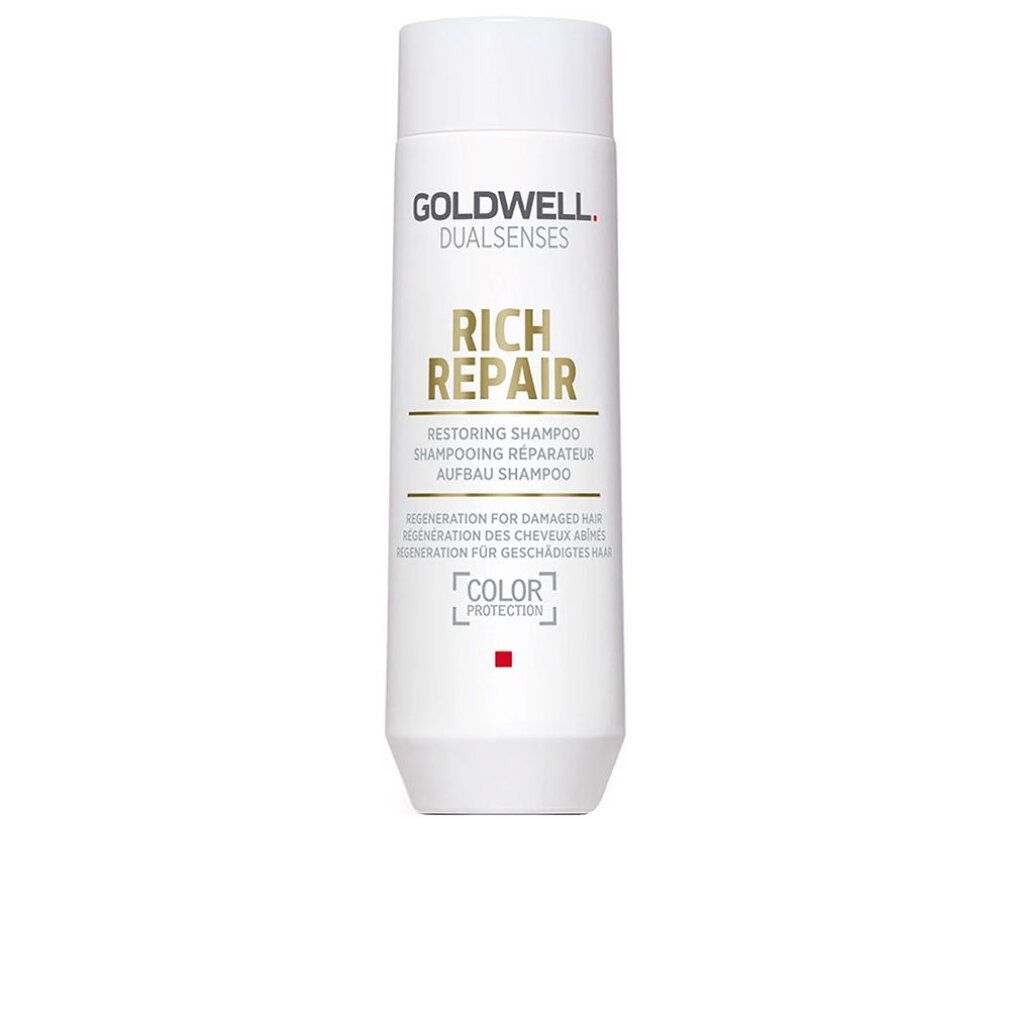 Weiße Flasche Goldwell Rich Repair Shampoo. Text: Restoring Shampoo, 250ml. Farb-Schutz-Logo. Auf weißem Hintergrund.