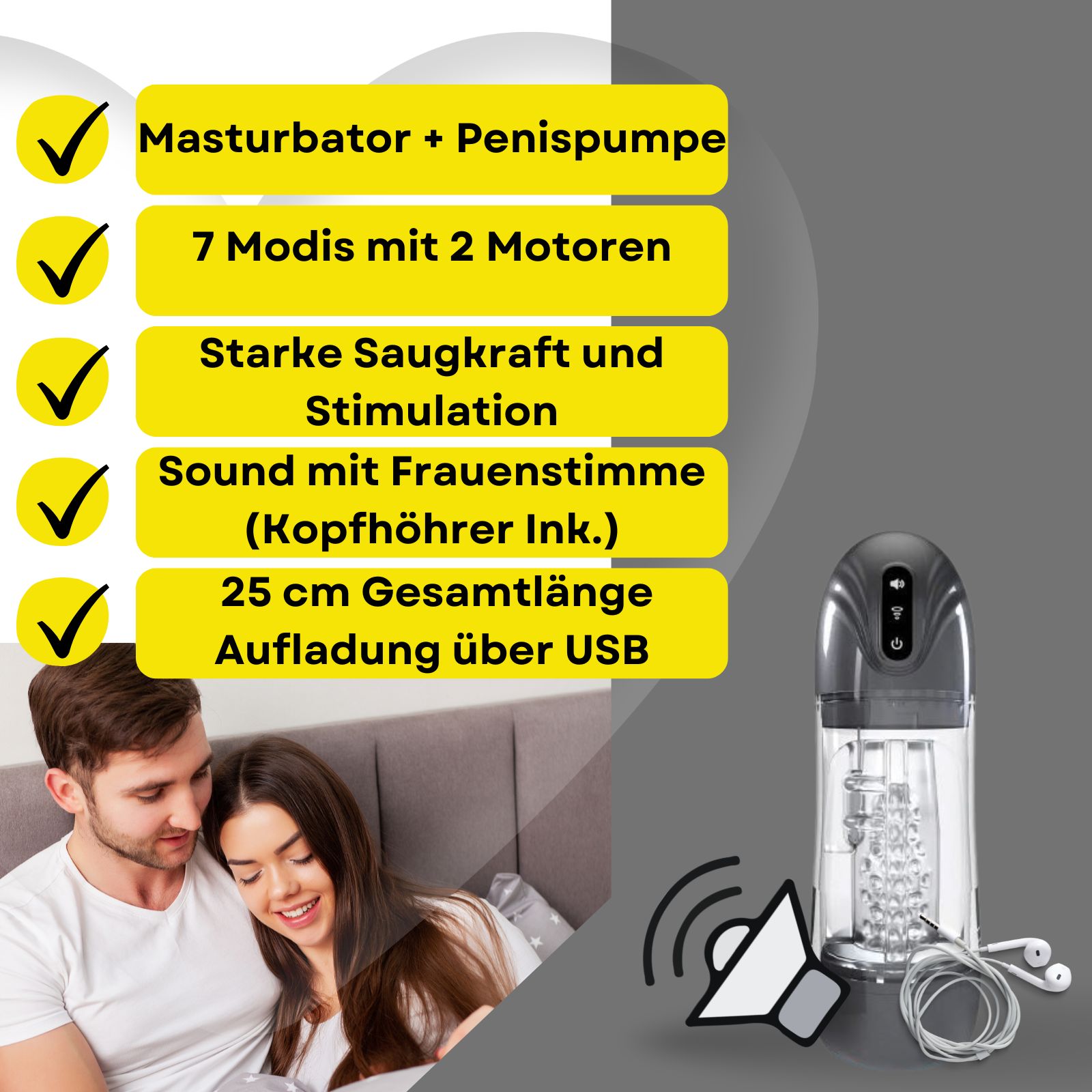 Produkt mit Text: Masturbator + Penis-Pumpe, 7 Modi, starke Stimulation, Sound, 25 cm. Paar im Hintergrund.
