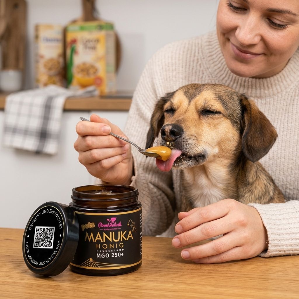 Glas mit Manuka Honig, MGO 250+. Frau füttert Hund mit Löffel. Hund leckt Honig. Deckel mit QR-Code.