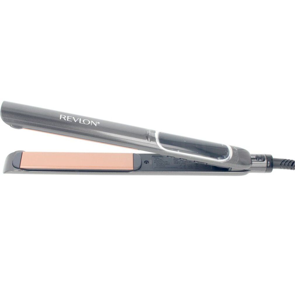 Revlon Glätteisen, schwarzes Gehäuse, kupferfarbene Platten. Aufschrift: Revlon. Digitalanzeige mit Temperatur.