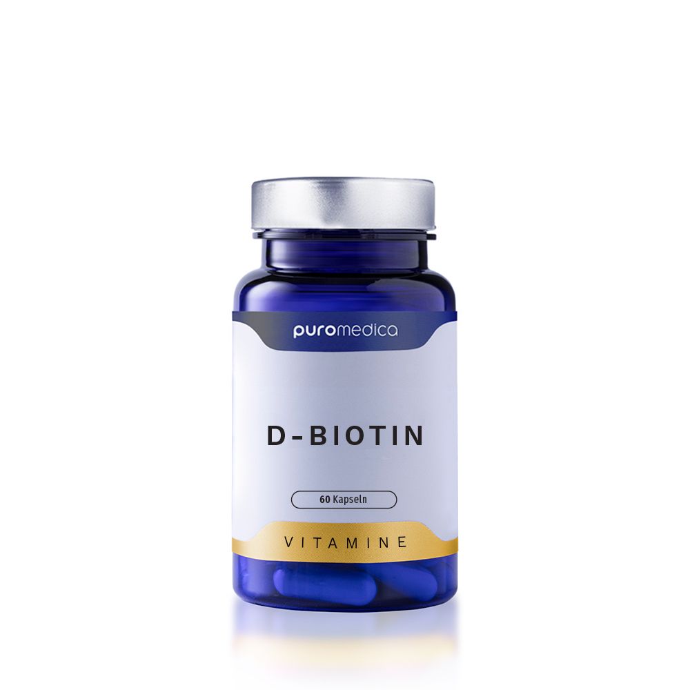 Blauer Behälter mit 60 Kapseln D-Biotin Vitaminen.