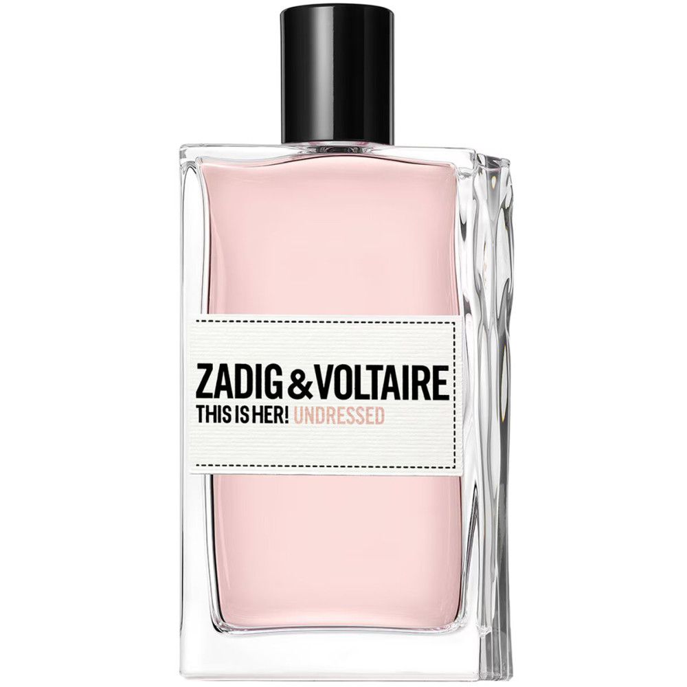 Parfümflasche. Aufschrift: Zadig & Voltaire This Is Her! Undressed. Rosa Flüssigkeit, schwarzer Verschluss. Eckiges Design.