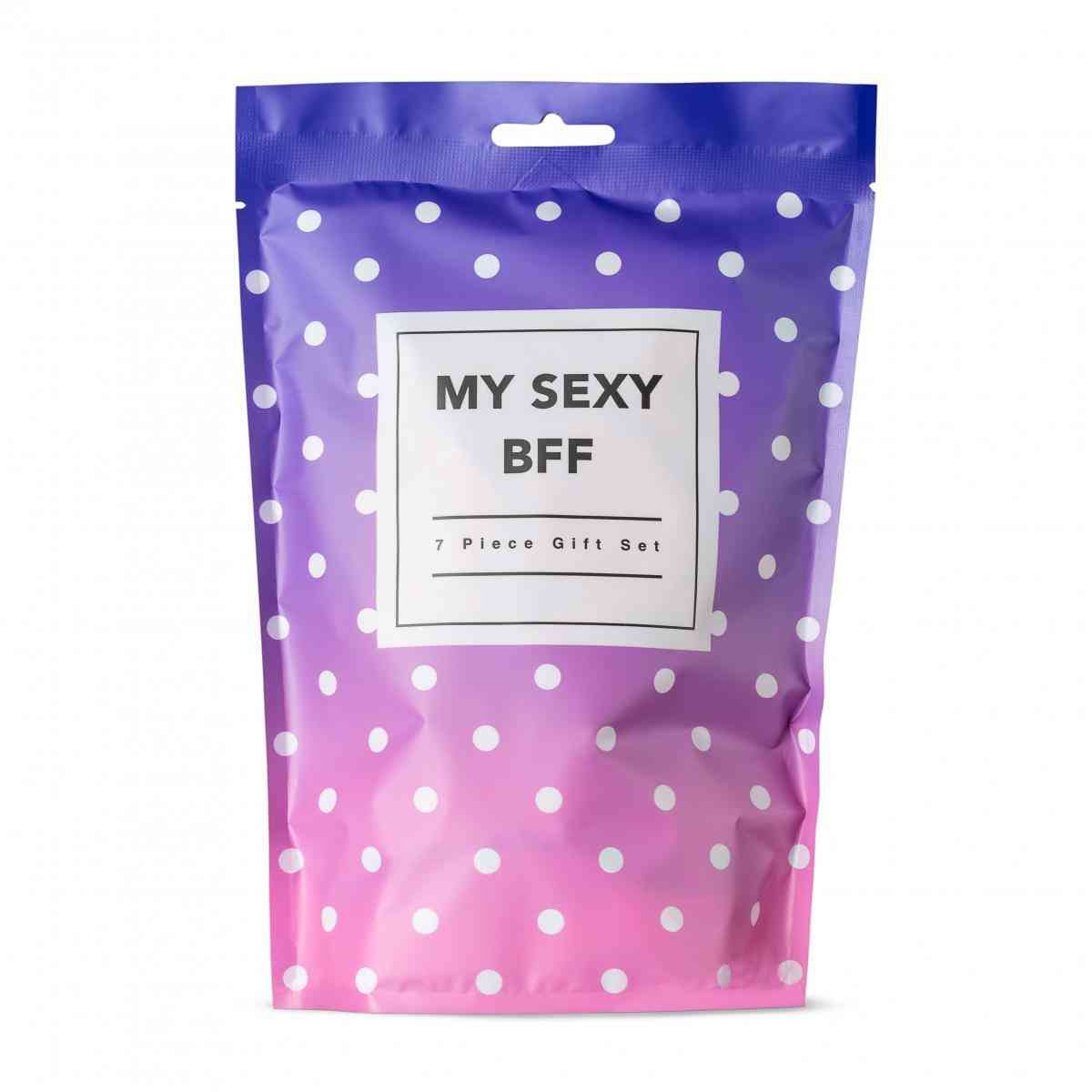 Geschenkbeutel mit weißem Text auf lila-rosa Farbverlauf. Aufschrift: MY SEXY BFF, 7-teiliges Geschenkset.