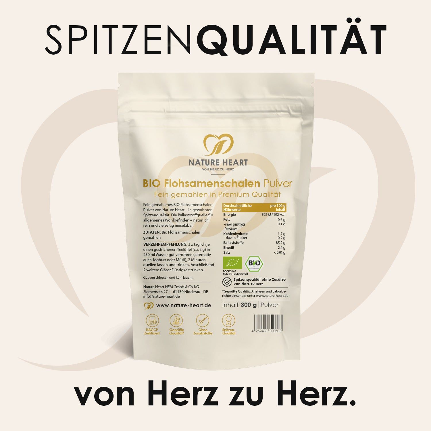 Nature Heart BIO Flohsamenschalen Pulver, 300g. "Von Herz zu Herz."