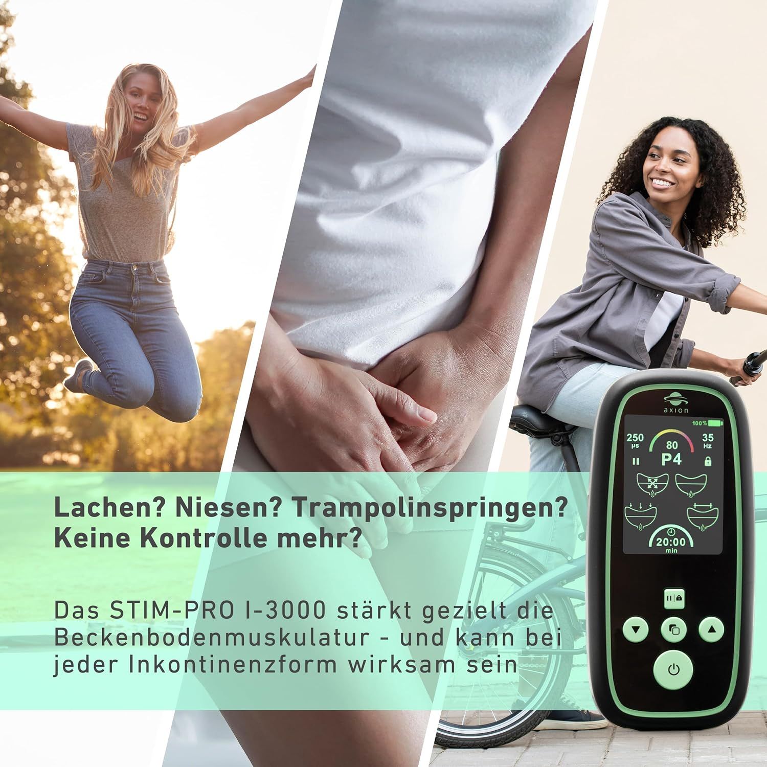 axion® I-3000 Beckenbodentrainer. Frauen lachen, niesen, springen. Text: Keine Kontrolle mehr?
