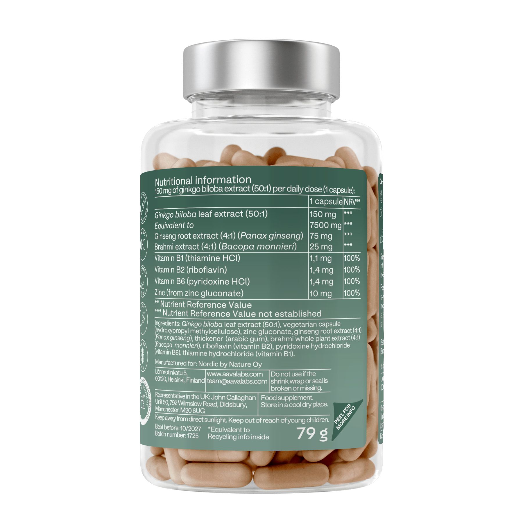 Rückseite der Flasche mit Nährwertangaben. Enthält Ginkgo Biloba, Ginseng, Bacopa, Vitamin B. 79g. Hergestellt von Nordic by Nature Oy.
