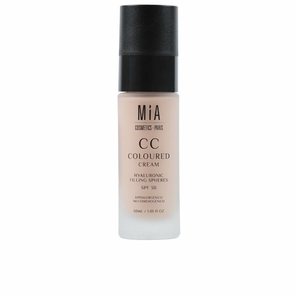 Beige CC Cream Flasche mit schwarzem Deckel. Beschriftung: Mia Cosmetics, CC Cream, SPF 30. 50ml.