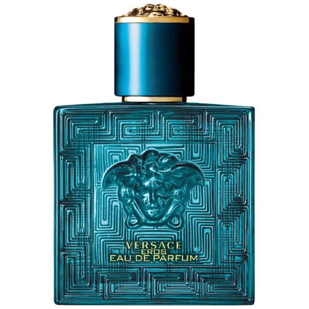 Türkisfarbener Flakon mit goldfarbenem Verschluss. Aufschrift: VERSACE EROS. Eau de Parfum.