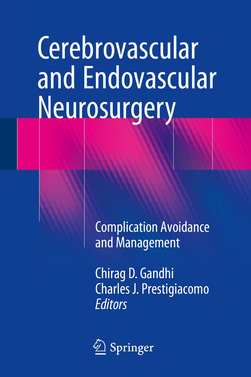 Buchcover: Cerebrovascular and Endovascular Neurosurgery. Titel, Autoren und Springer-Logo. Blaue und pinke Farbgebung.