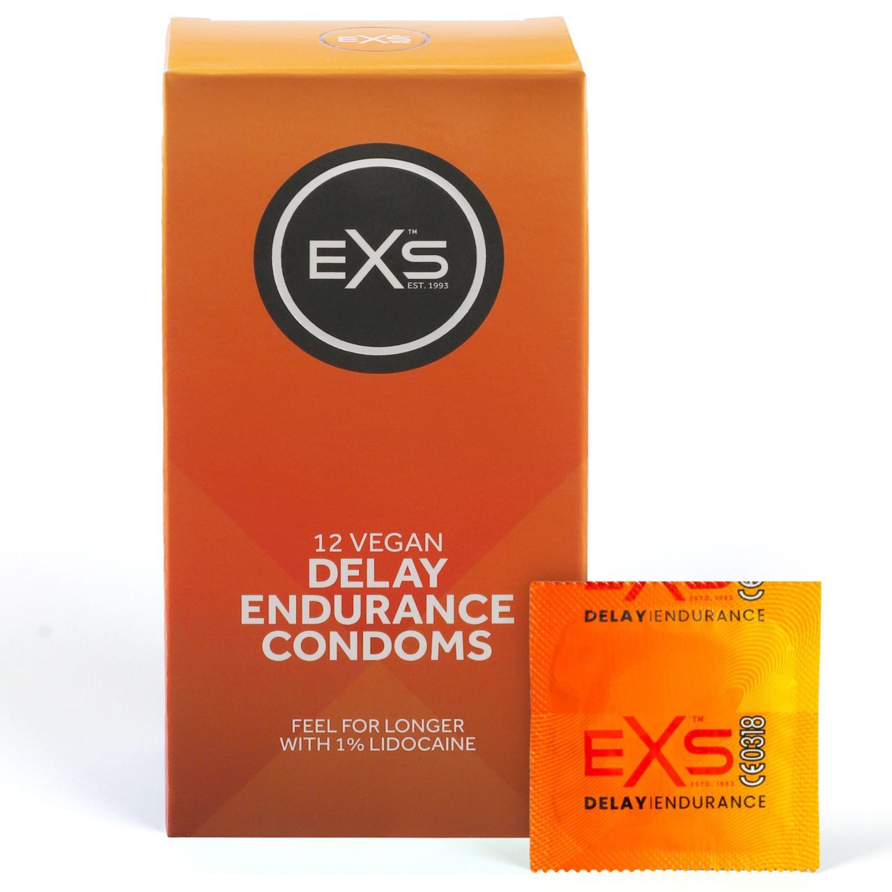 Verpackung und Einzelverpackung von EXS Delay Endurance veganen Kondomen.