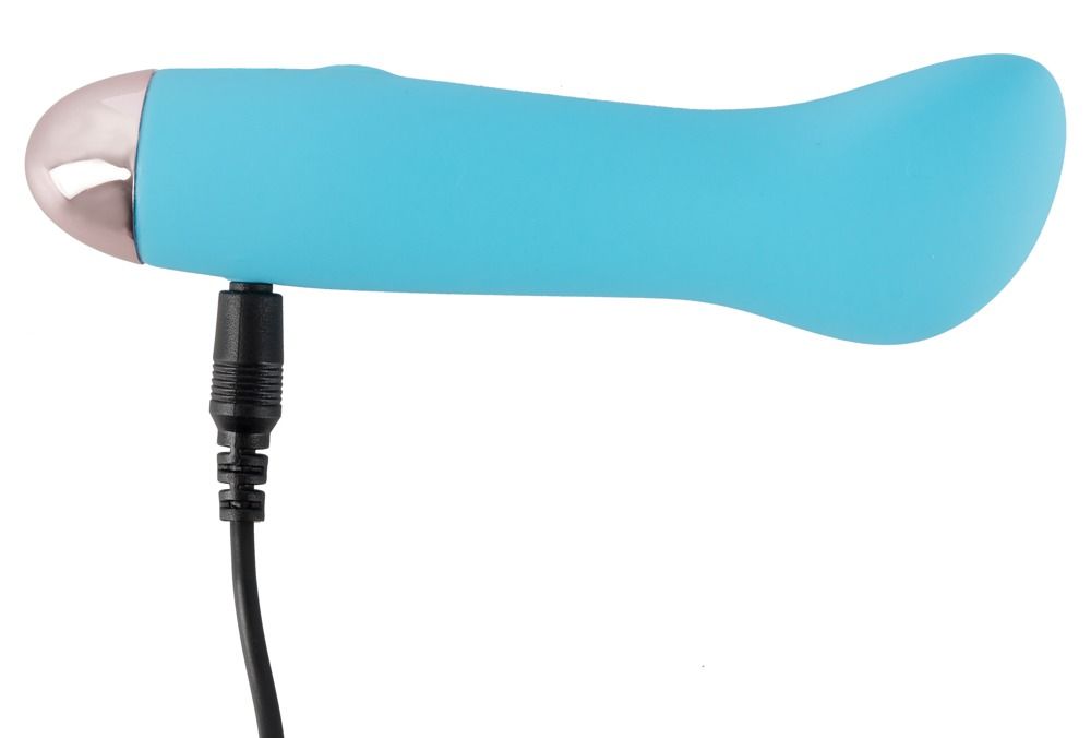 Blauer Mini-Vibrator mit Ladekabel und USB-Anschluss, Logo sichtbar.