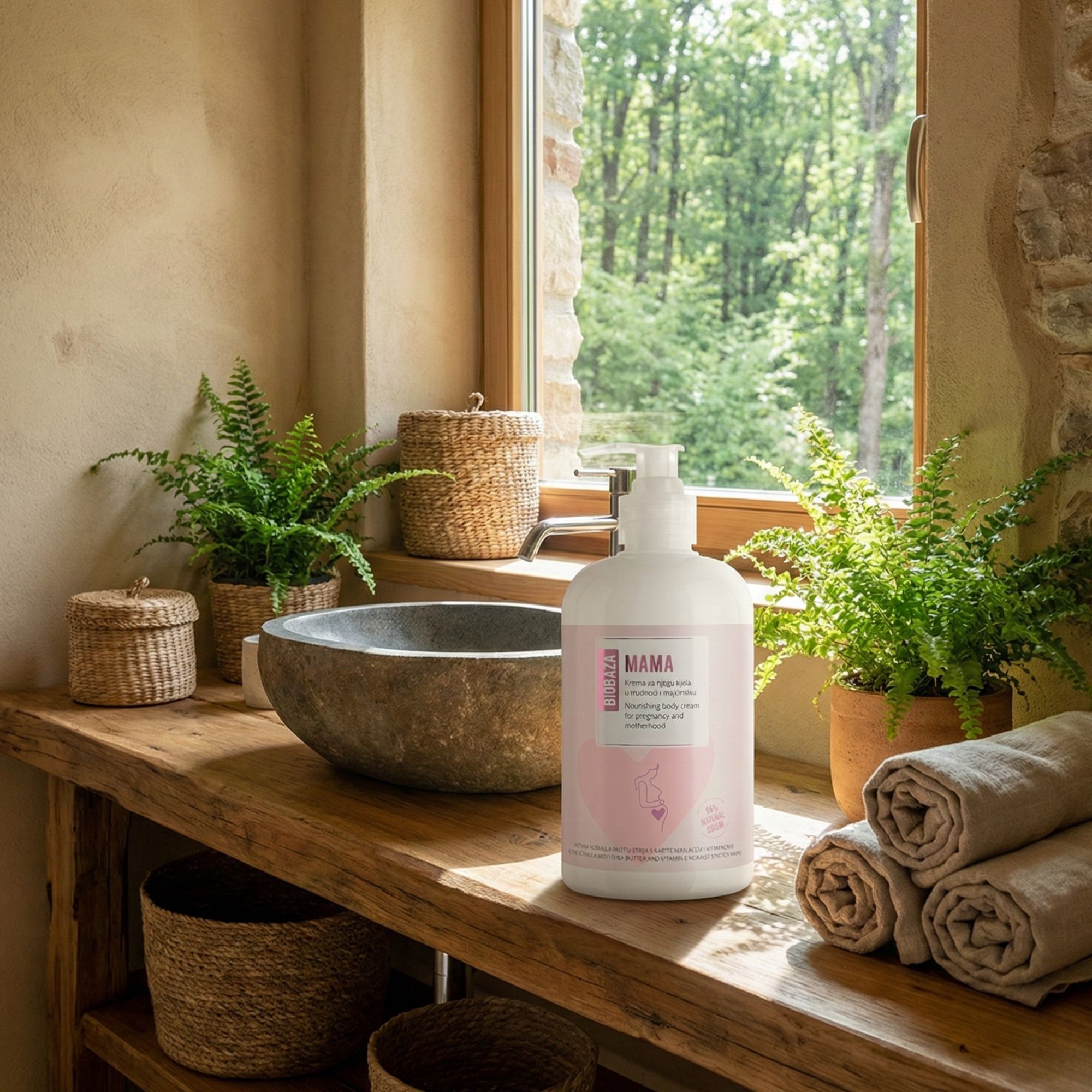 Flasche mit Pumpe, Aufschrift "MAMA", auf Holzablage. Im Hintergrund Fenster und Pflanzen.