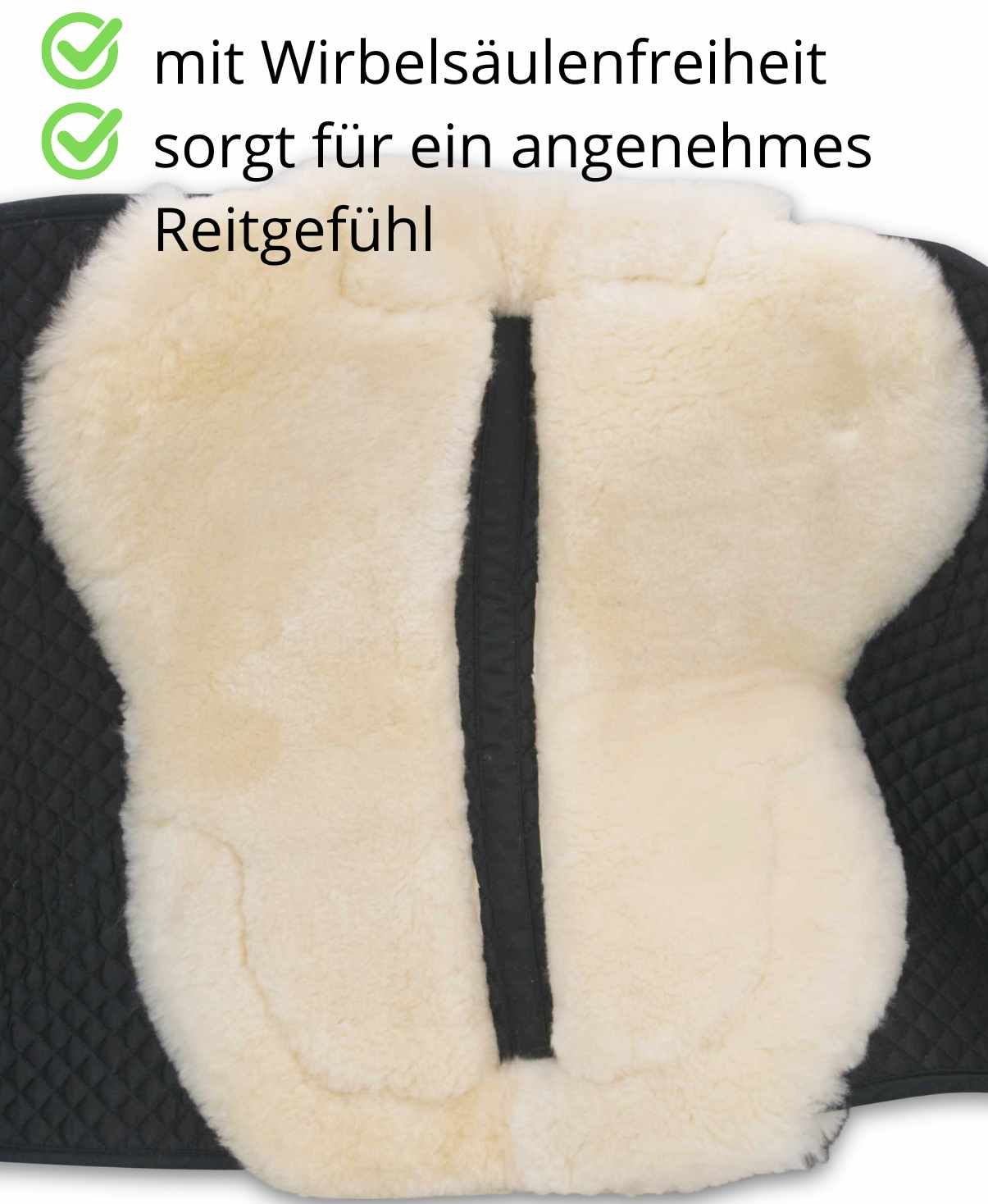 Sattelkissen mit Wirbelsäulenfreiheit und Lammfell. Text: mit Wirbelsäulenfreiheit, sorgt für ein angenehmes Reitgefühl.