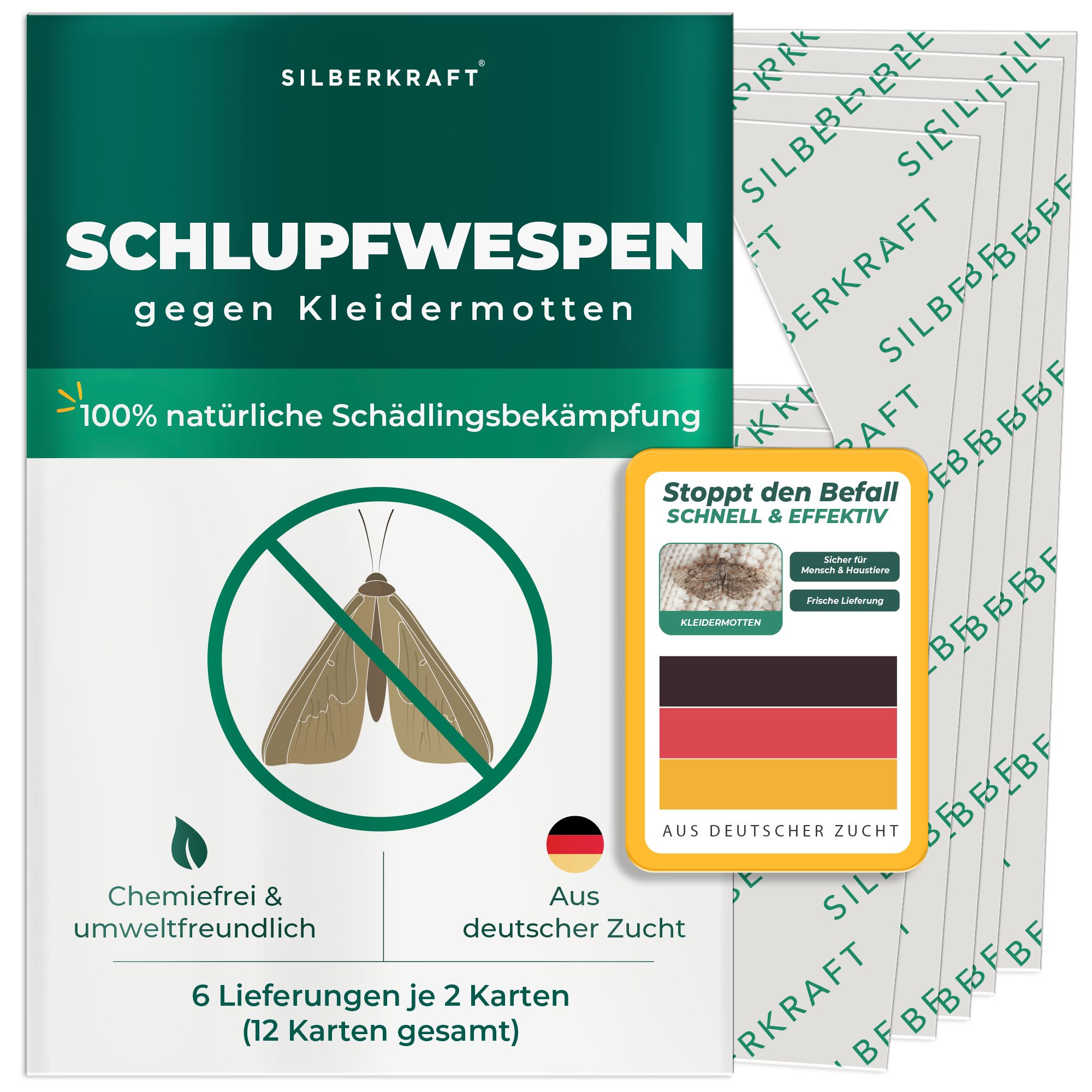 Packung mit Schlupfwespen-Karten gegen Kleidermotten. 100% natürliche Schädlingsbekämpfung, chemiefrei.