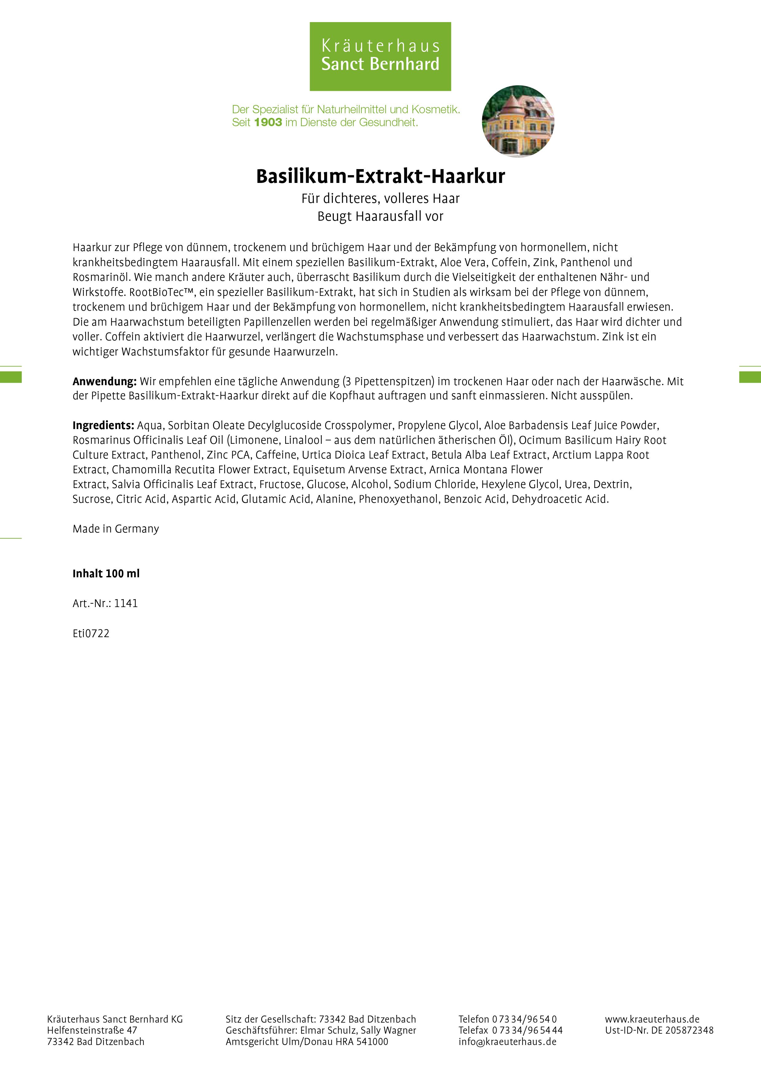 Weißes Blatt mit Text. Produktname und Inhaltsstoffe aufgelistet. Logo von Kräuterhaus Sanct Bernhard.