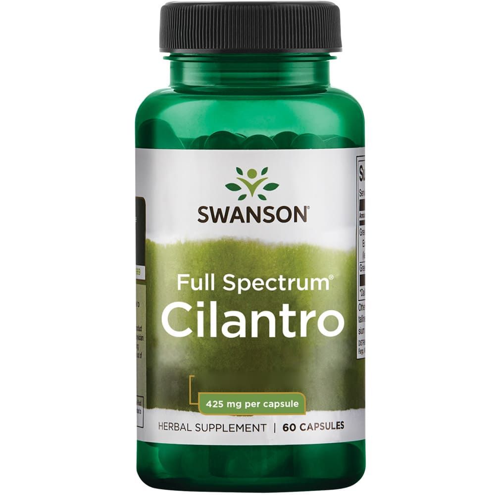 Grüne Flasche mit schwarzem Deckel. Aufschrift: SWANSON, Full Spectrum Cilantro, 425 mg pro Kapsel, 60 Kapseln.