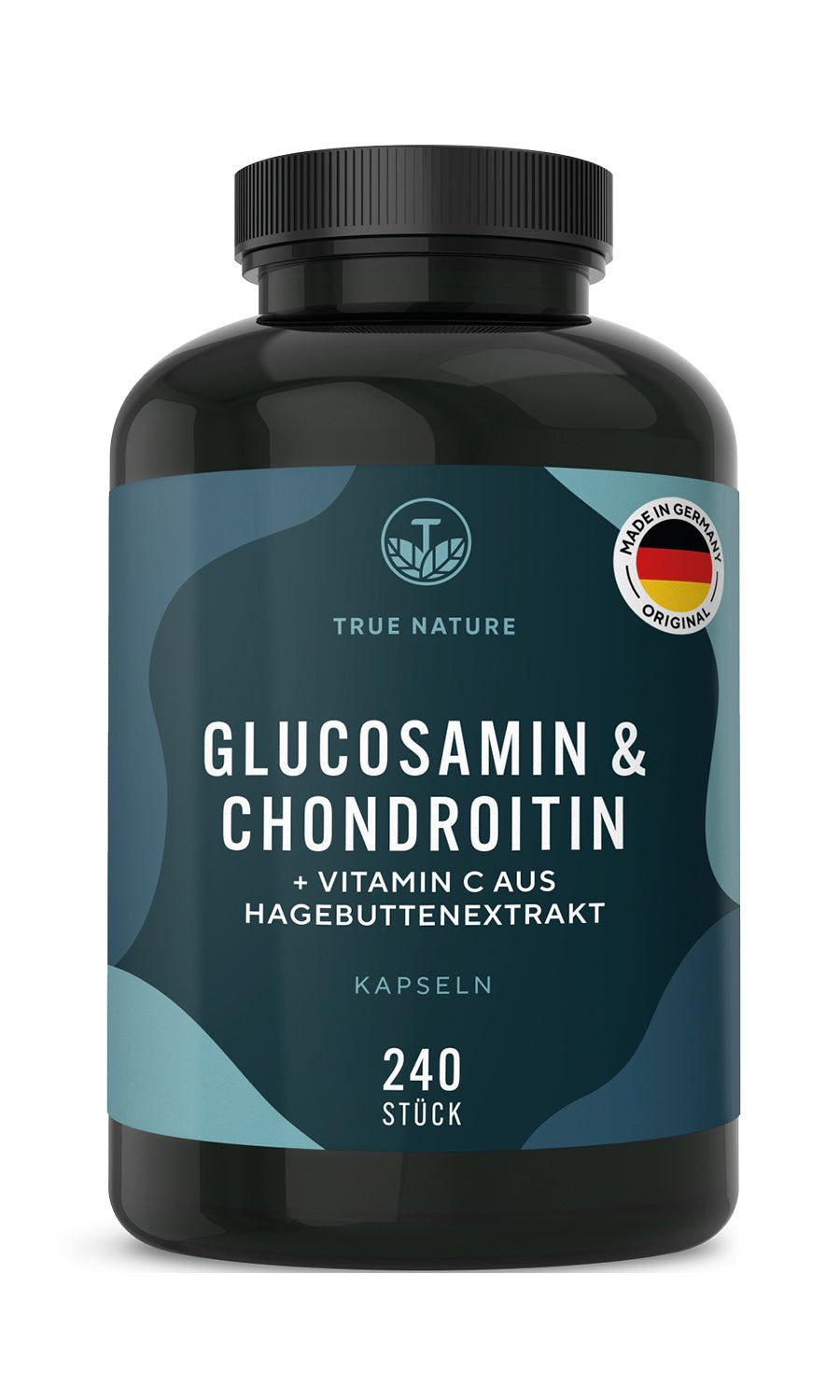 Dunkle Flasche mit Kapseln. Aufschrift: Glucosamin & Chondroitin + Vitamin C aus Hagebuttenextrakt. 240 Stück. Made in Germany.