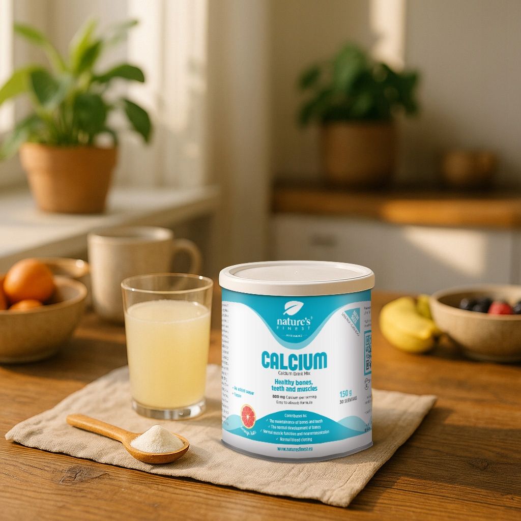 Nature's Finest Calcium Dose mit einem Glas Calcium-Getränk und Früchten auf einem Holztisch.