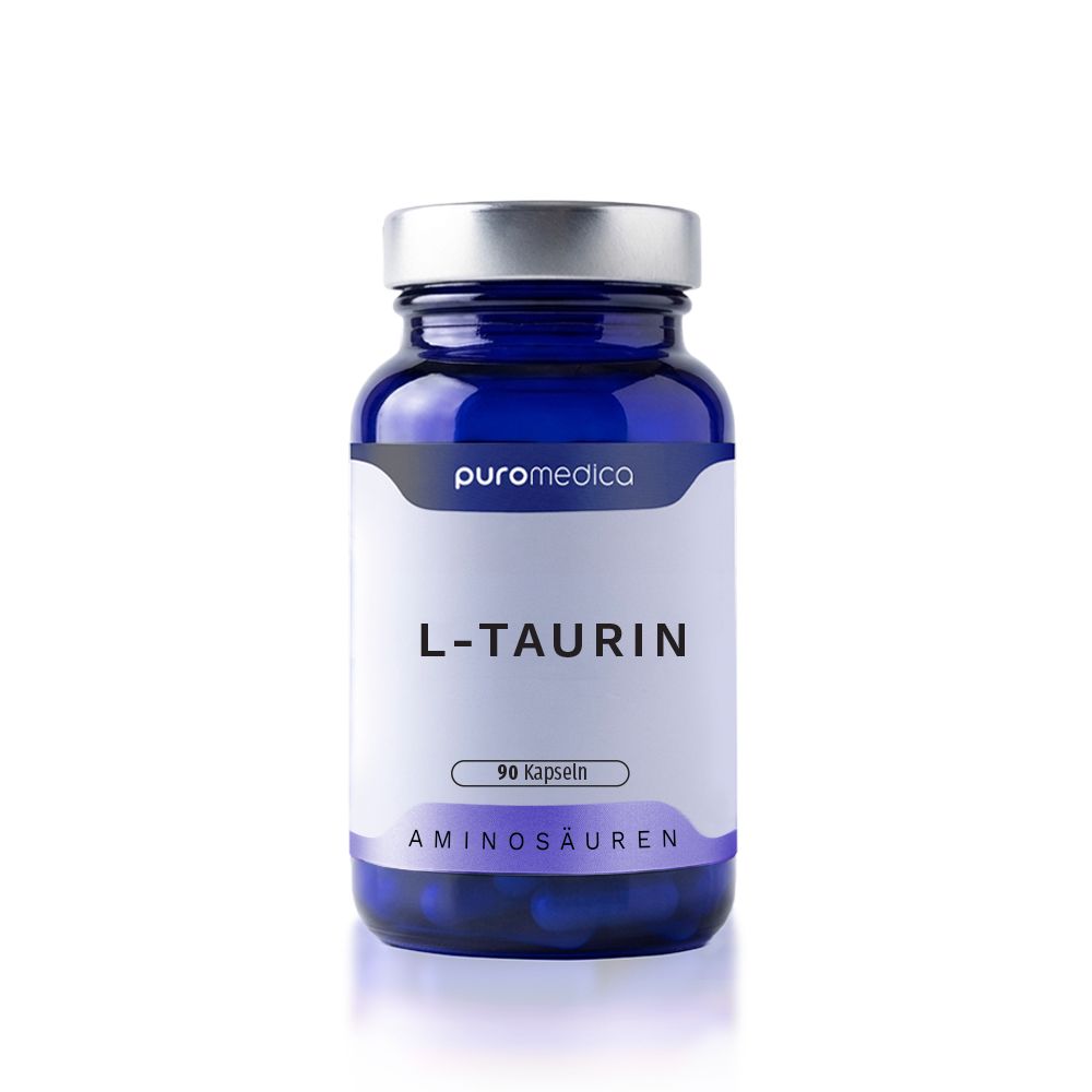 PuroMedica L-Taurin Kapseln, 90 Stück. Aminosäuren-Nahrungsergänzungsmittel in einer blauen Glasflasche mit silbernem Deckel.