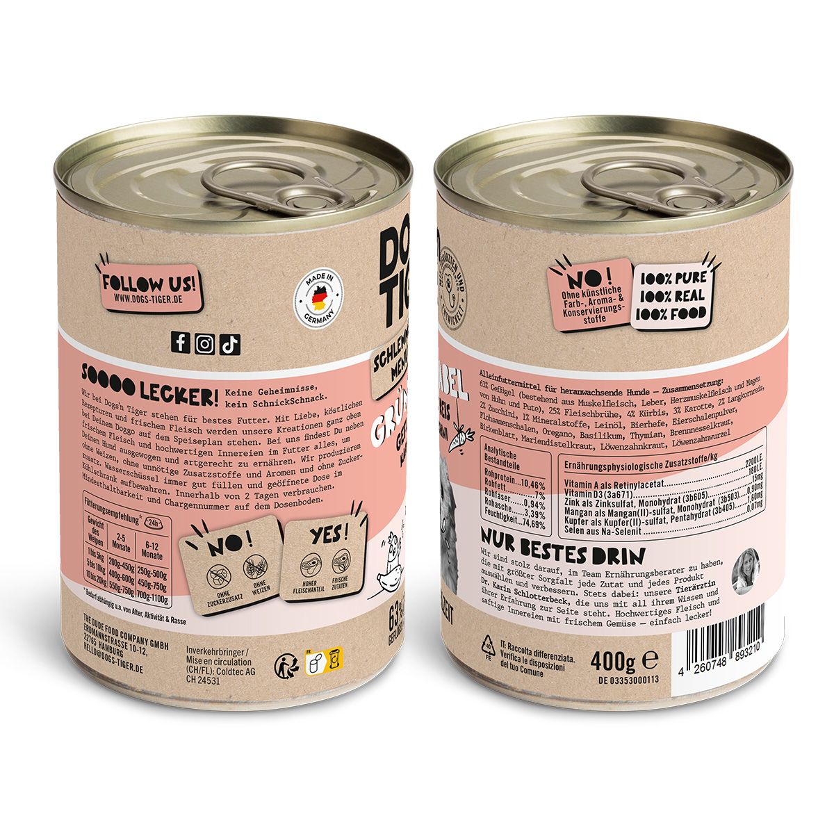 Zwei Dosen Hundefutter, 'Dogs'n Tiger', 'Grünschnabel', Geflügel mit Reis, Karotte & Zucchini. Rückseite mit Informationen.