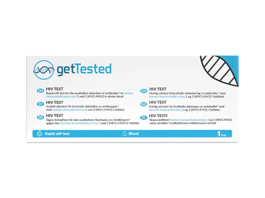 Weiße Schachtel mit blauem Logo und Text. Enthält Informationen zum HIV-Test und die Aufschrift 'Rapid self-test'.